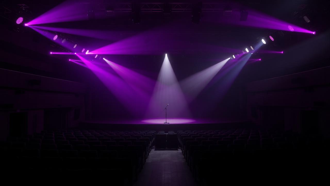 An empty concert stage mid-rehearsal with purple spotlights sweeping across rows of seats