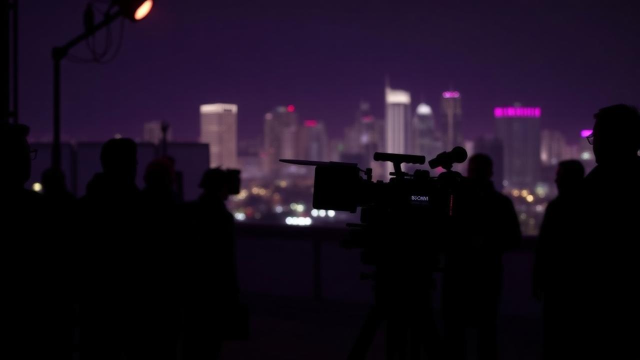 A cinema camera and crew silhouetted against the Los Angeles skyline at night