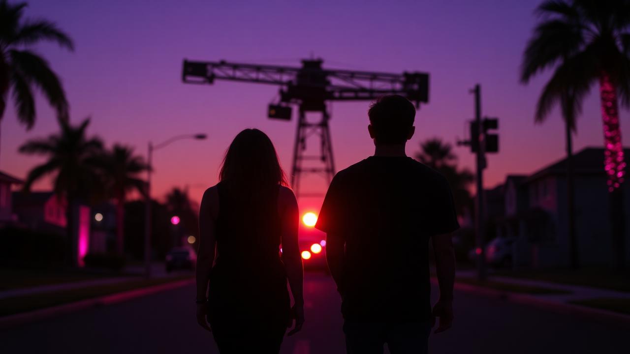 Two young actors silhouetted on a suburban street at dusk near a camera crane