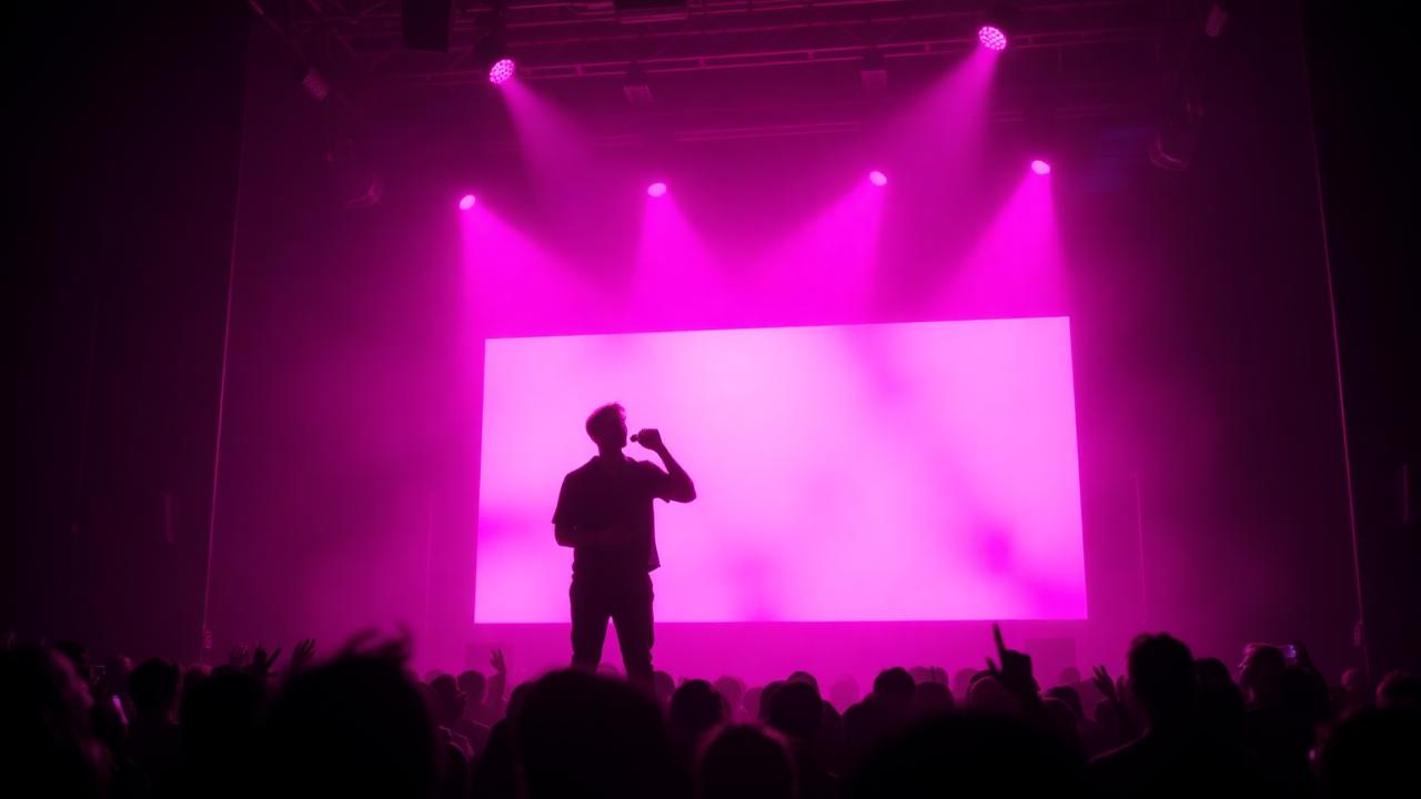 A singer silhouetted on stage before a glowing screen under magenta spotlights
