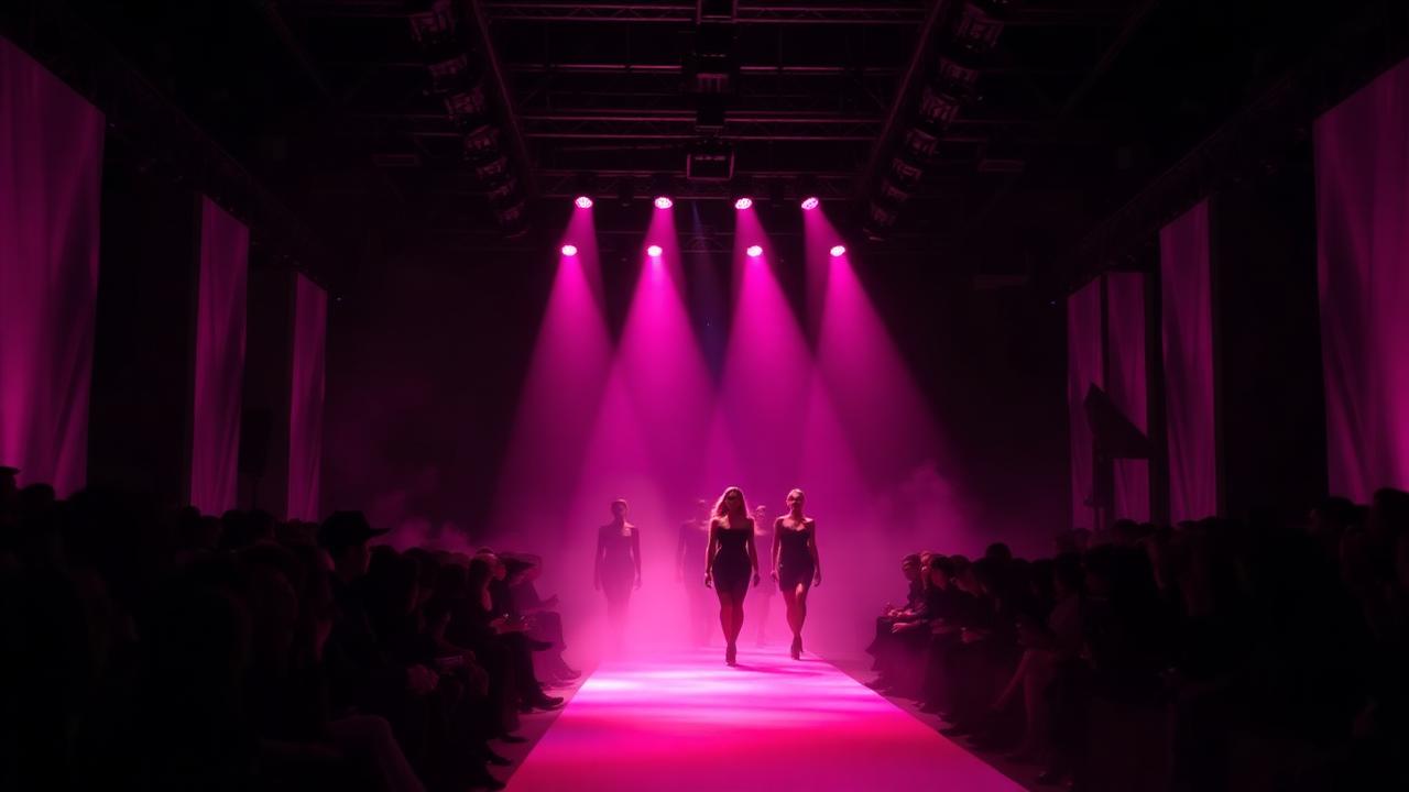 Models walking a runway under magenta spotlights