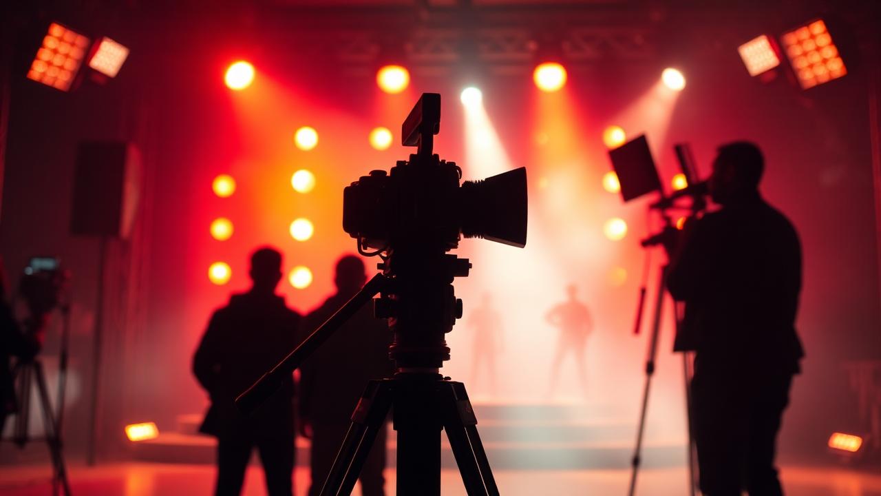 Cinema camera silhouetted on a hazy orange-lit film set
