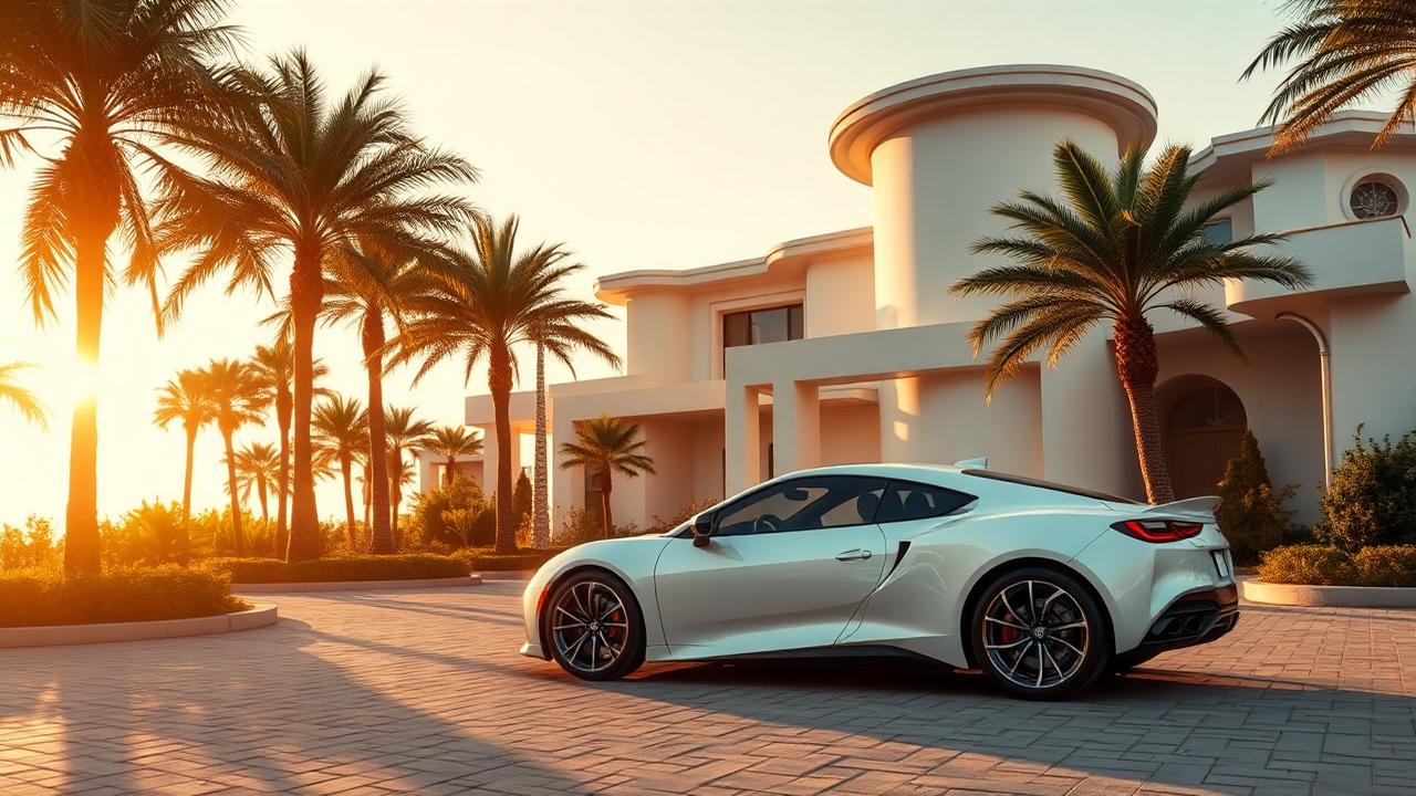 White sports car outside a modern mansion at golden hour