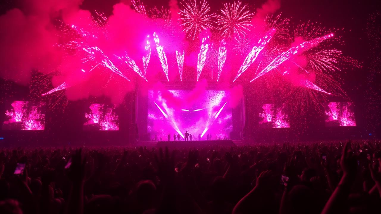 Concert crowd under magenta stage pyrotechnics