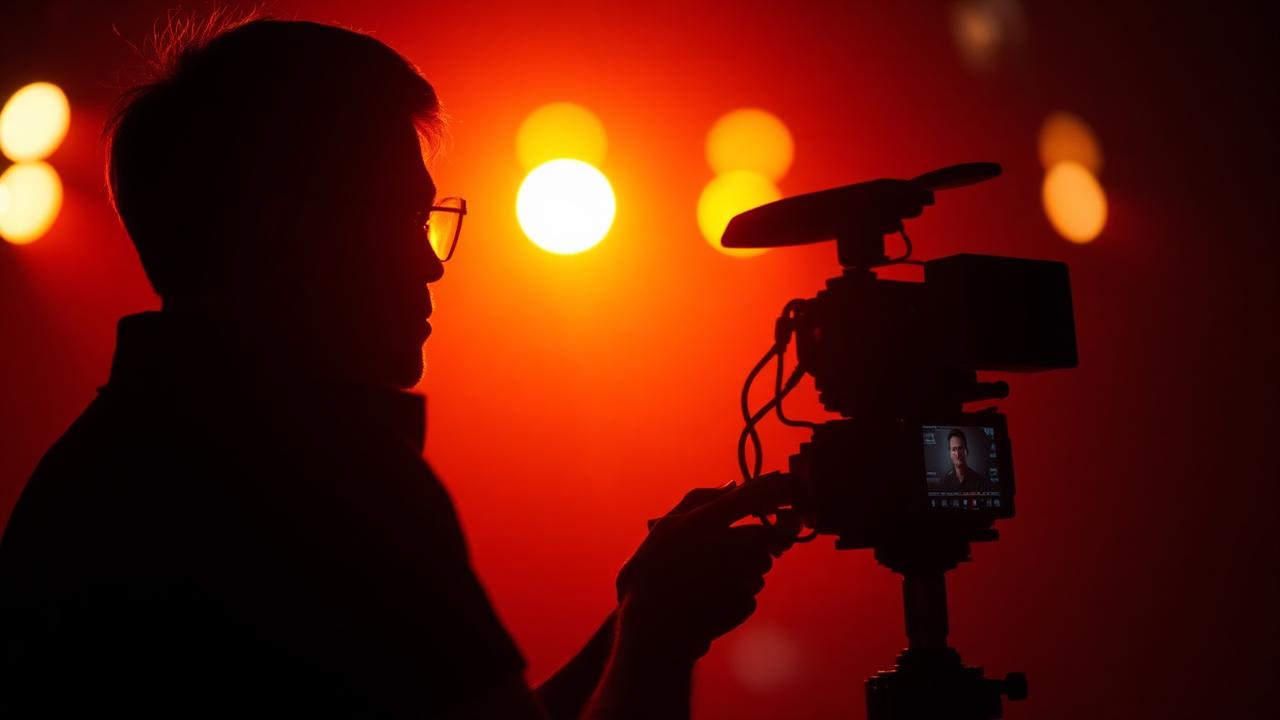 Camera operator silhouetted against warm stage lights