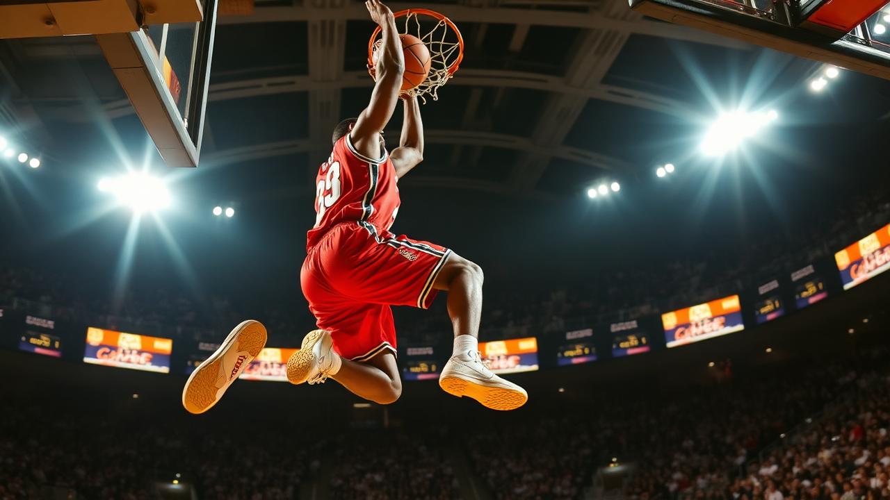 Basketball player mid-dunk under arena lights